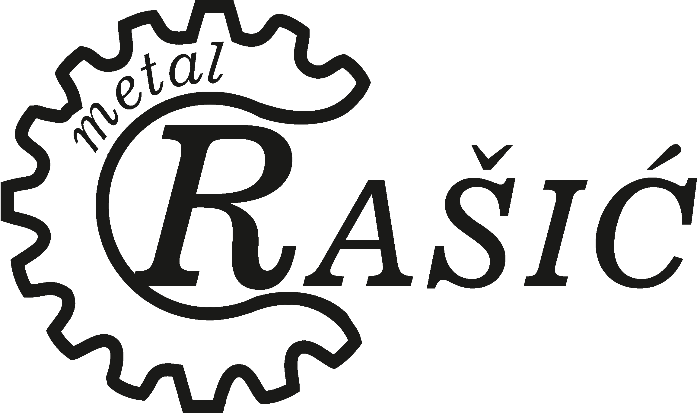 Logo Metal Rašić firme, zubčanik oko reči Rašić. 
